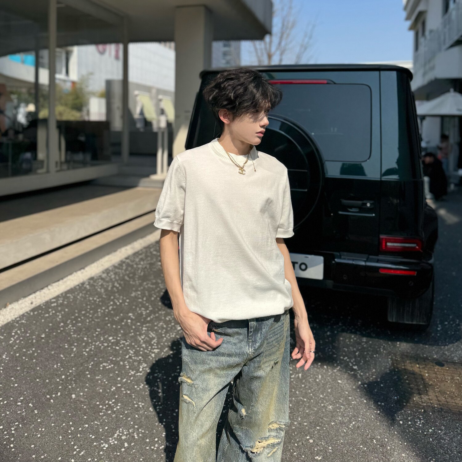 C316T8069P58半高领编制设计冰感短袖T恤针织衫氛围感纯T,男装T恤,电商C316