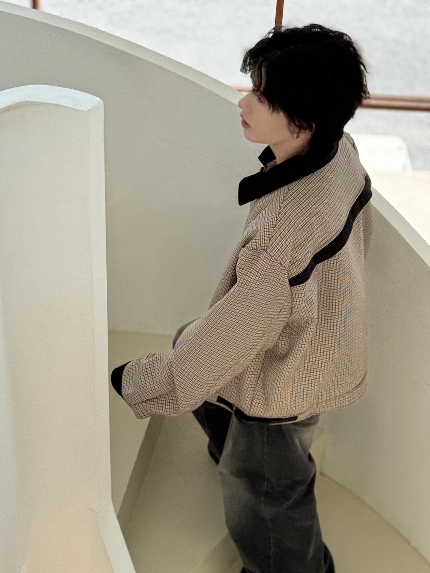 C316 JKXL001 P98特 秋装新款短款外套夹克衫格子拼接松弛感男图片