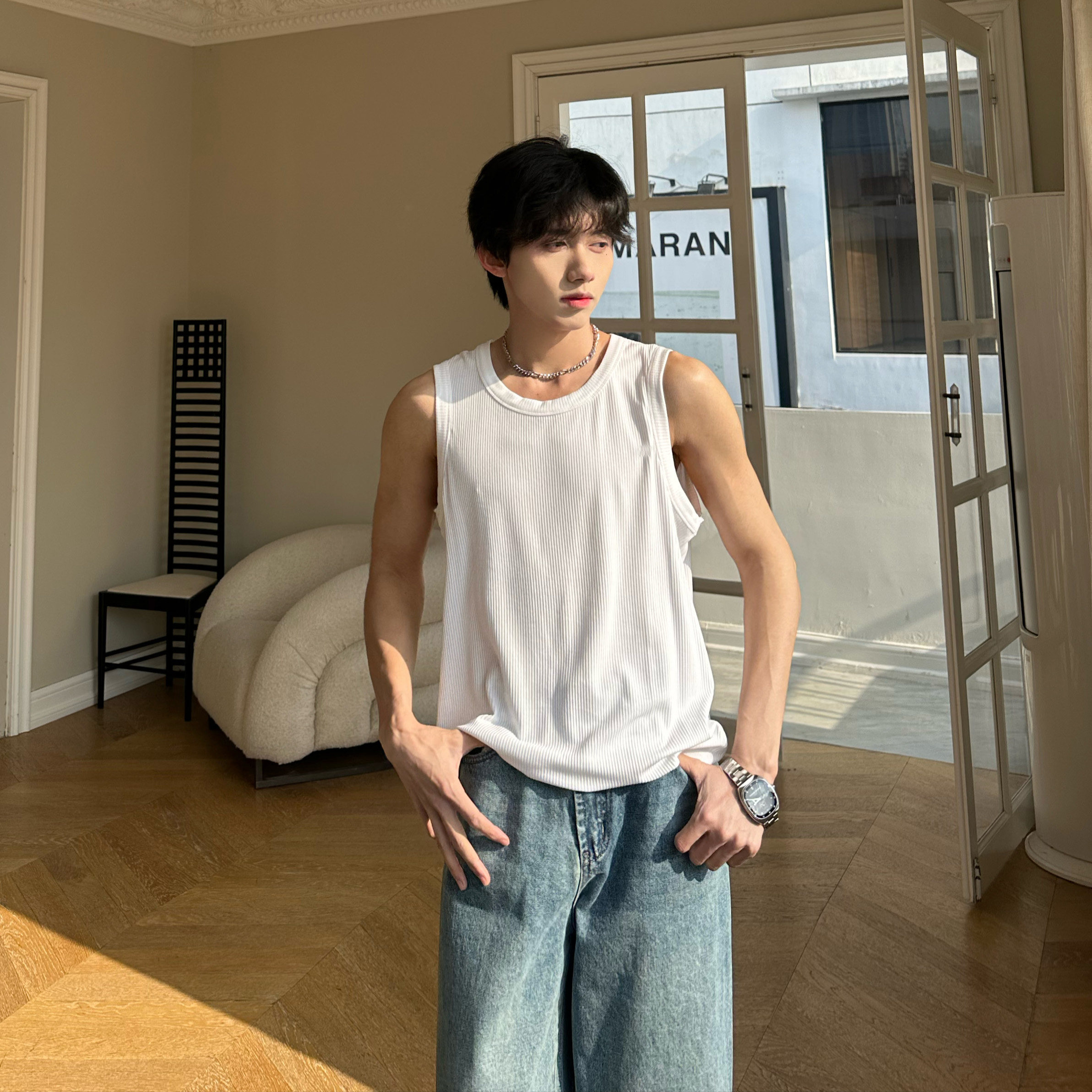 C316B2326P28春夏新款打底衫无袖背心时尚黑色白色汗背心,男装背心/马甲,电商C316