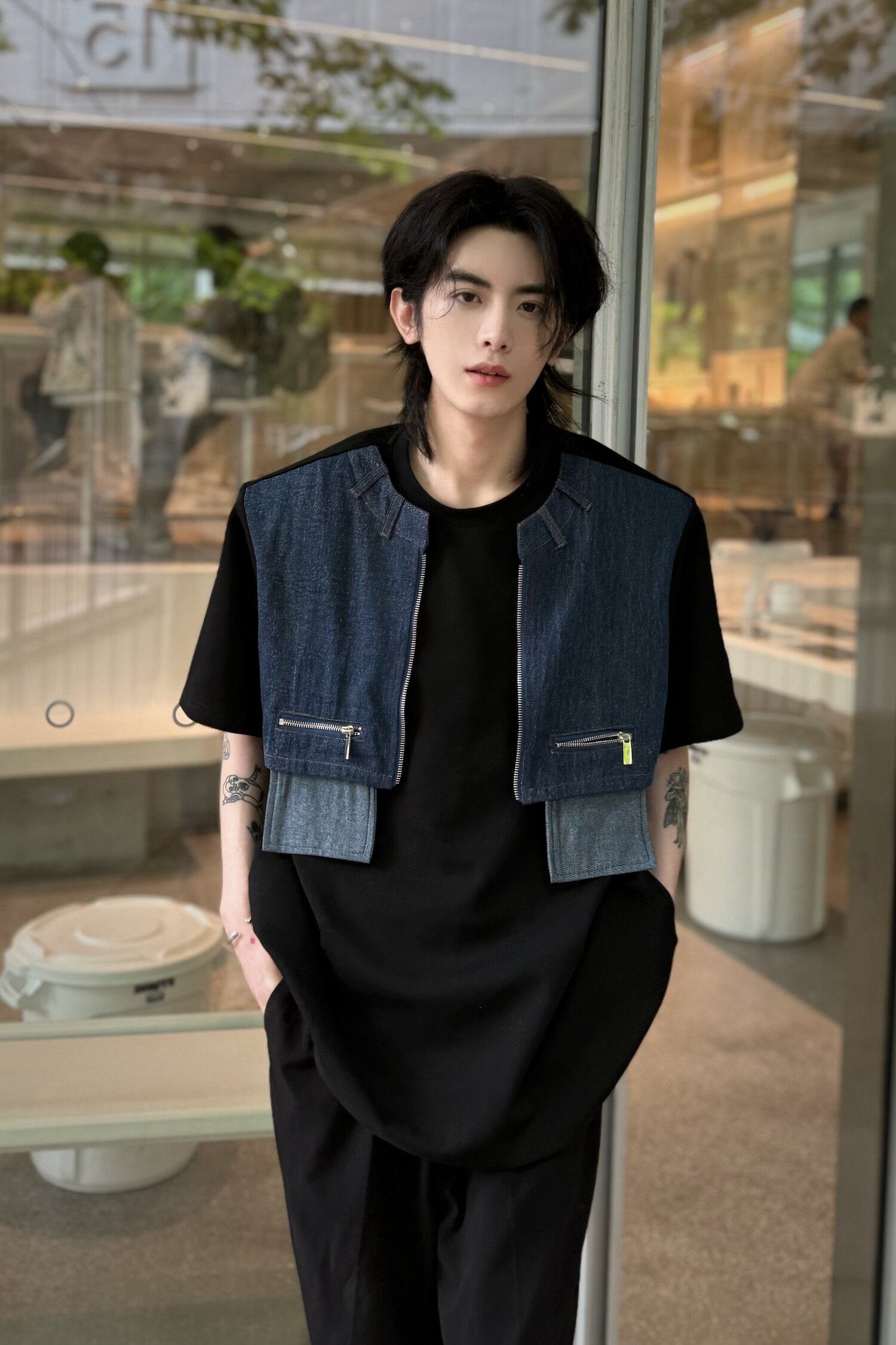 C316T1167P58夏装新款牛仔拼接撞色黑色短袖T恤tee潮欧式时尚，男装T恤，电商C316