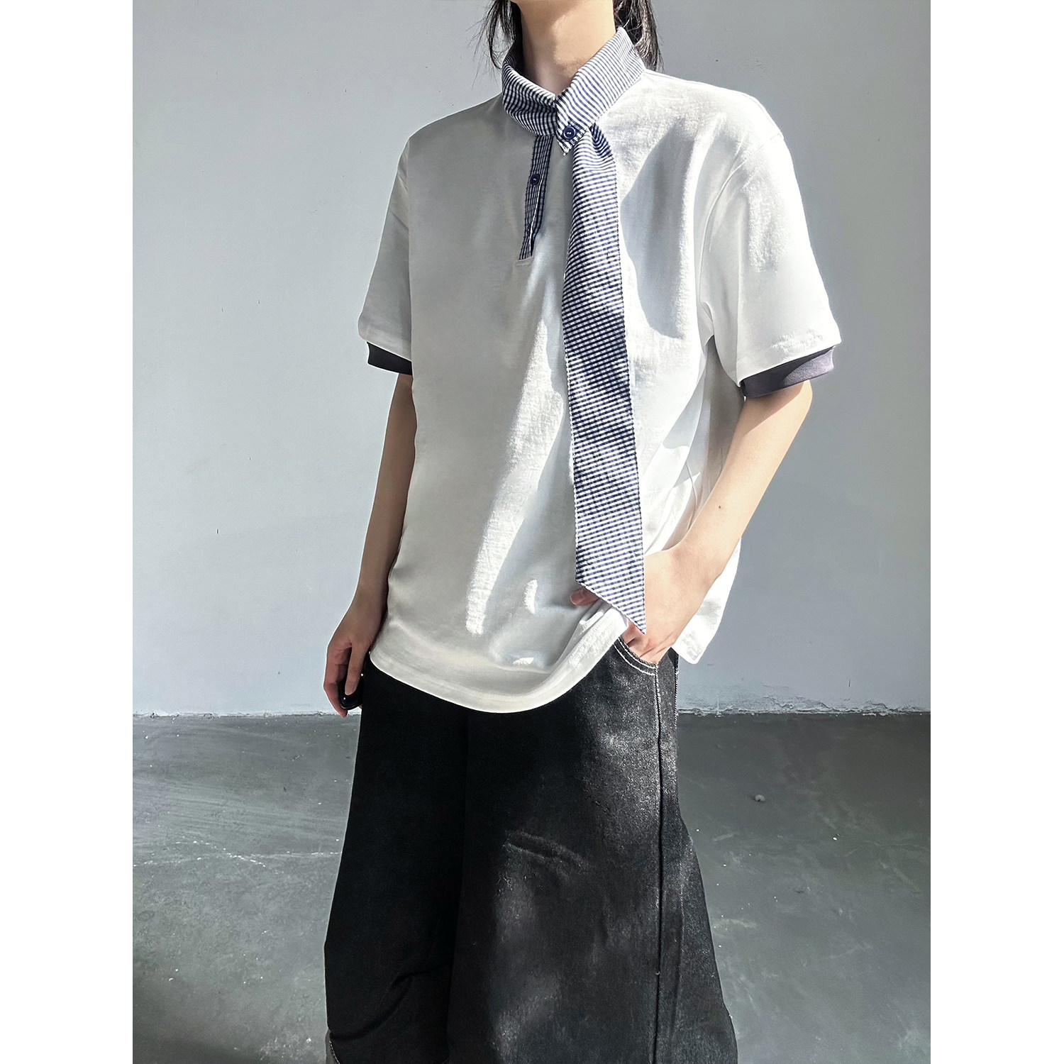 C316T8136P48夏装新款时尚百搭短袖拼接白色蓝色衬衫领假两件,男装T恤,电商C316