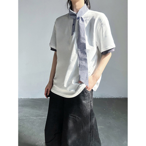C316 T8136 P48 夏装新款时尚百搭短袖拼接白色蓝色衬衫领假两件图片