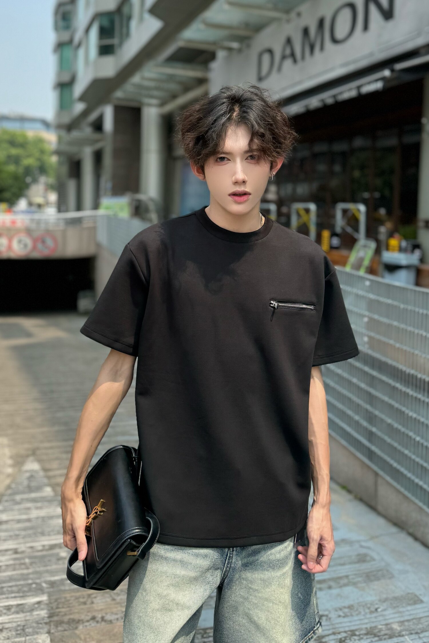 C316DX89P4868夏装新款短袖T恤拉链时尚潮黑色tee个性男,男装T恤,电商C316