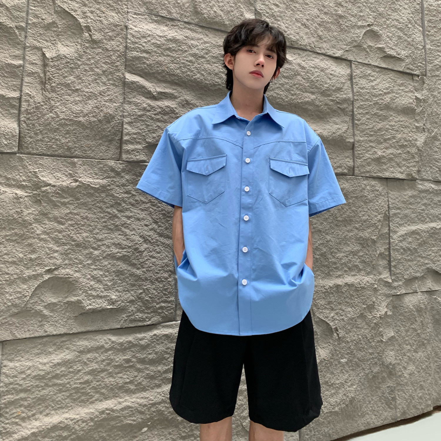 C316CS2350P58夏装新款蓝色工装短袖衬衫衬衣复古时尚高街百搭，男装T恤，电商C316