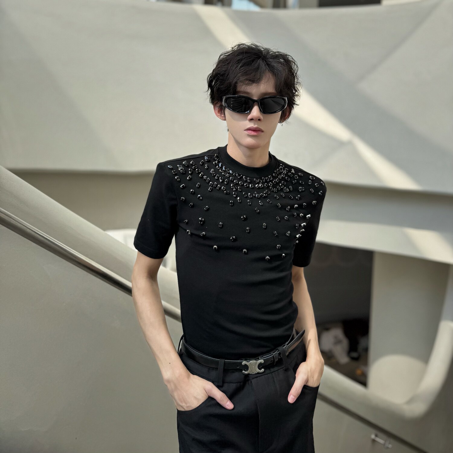C316T8072P58夏装新款短袖T恤钉钻黑色修身个性tee时尚经典款,男装T恤,电商C316