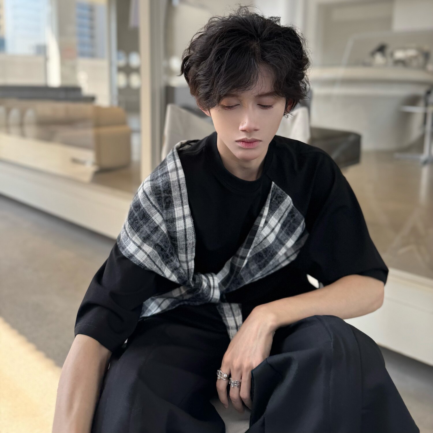 C316TH311P48夏装新款格子拼接撞色短袖T恤宽松假两件个性,男装T恤,电商C316