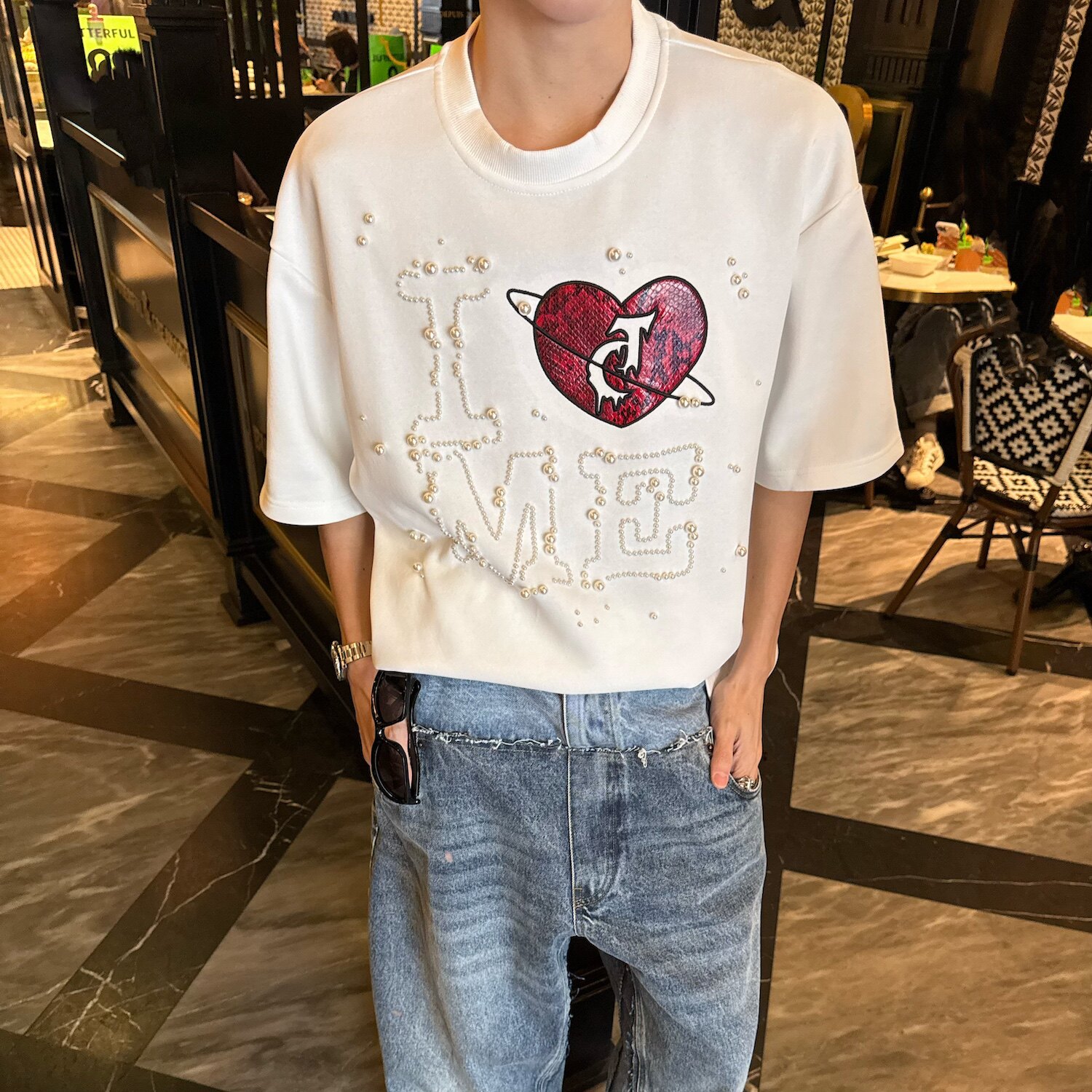 C316T8126P58夏装新款短袖T恤时尚百搭爱心钉珠珍珠tee潮,男装T恤,电商C316