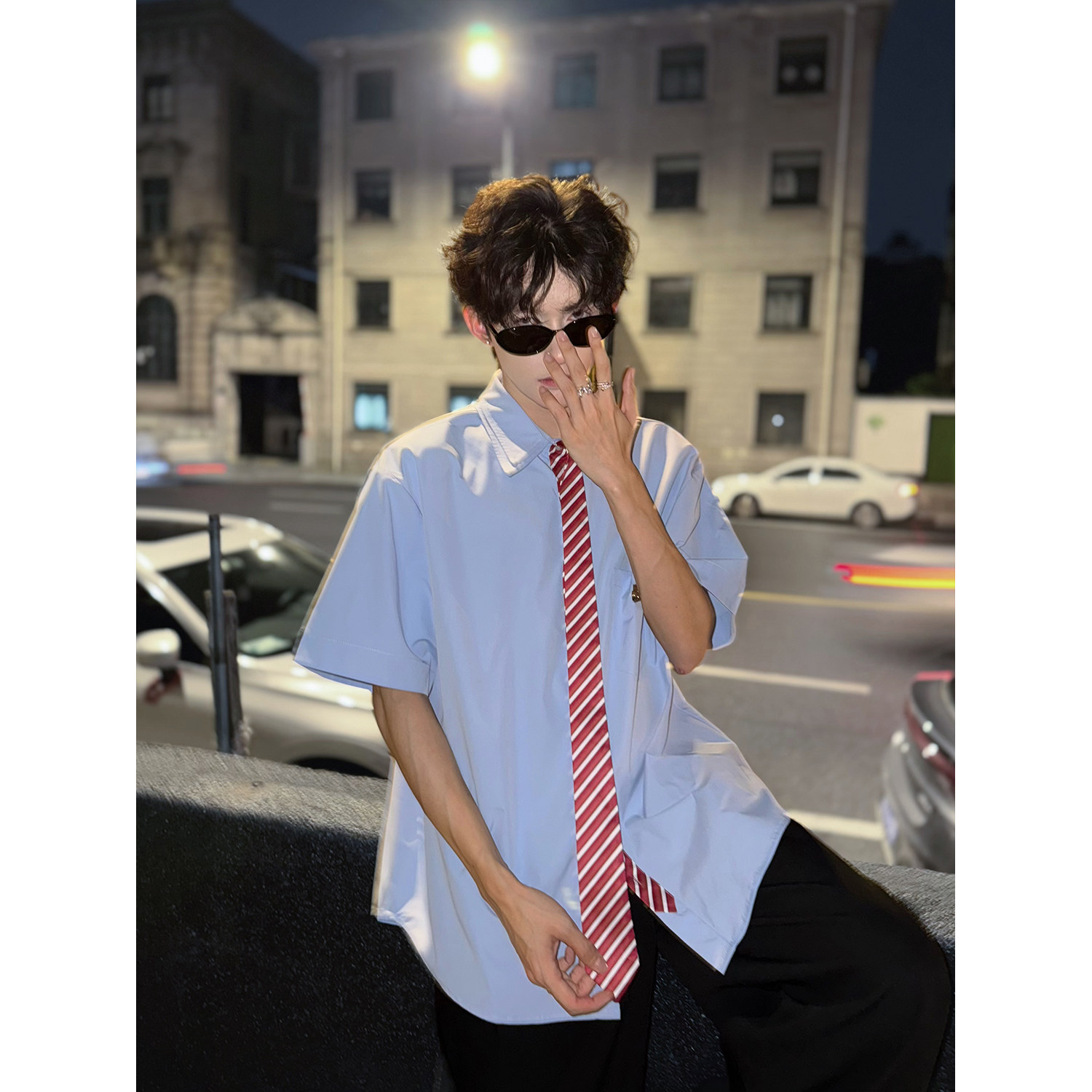 C316CS8233P58夏装新款短袖T恤时尚拼接撞色领带设计短袖,男装衬衫,电商C316