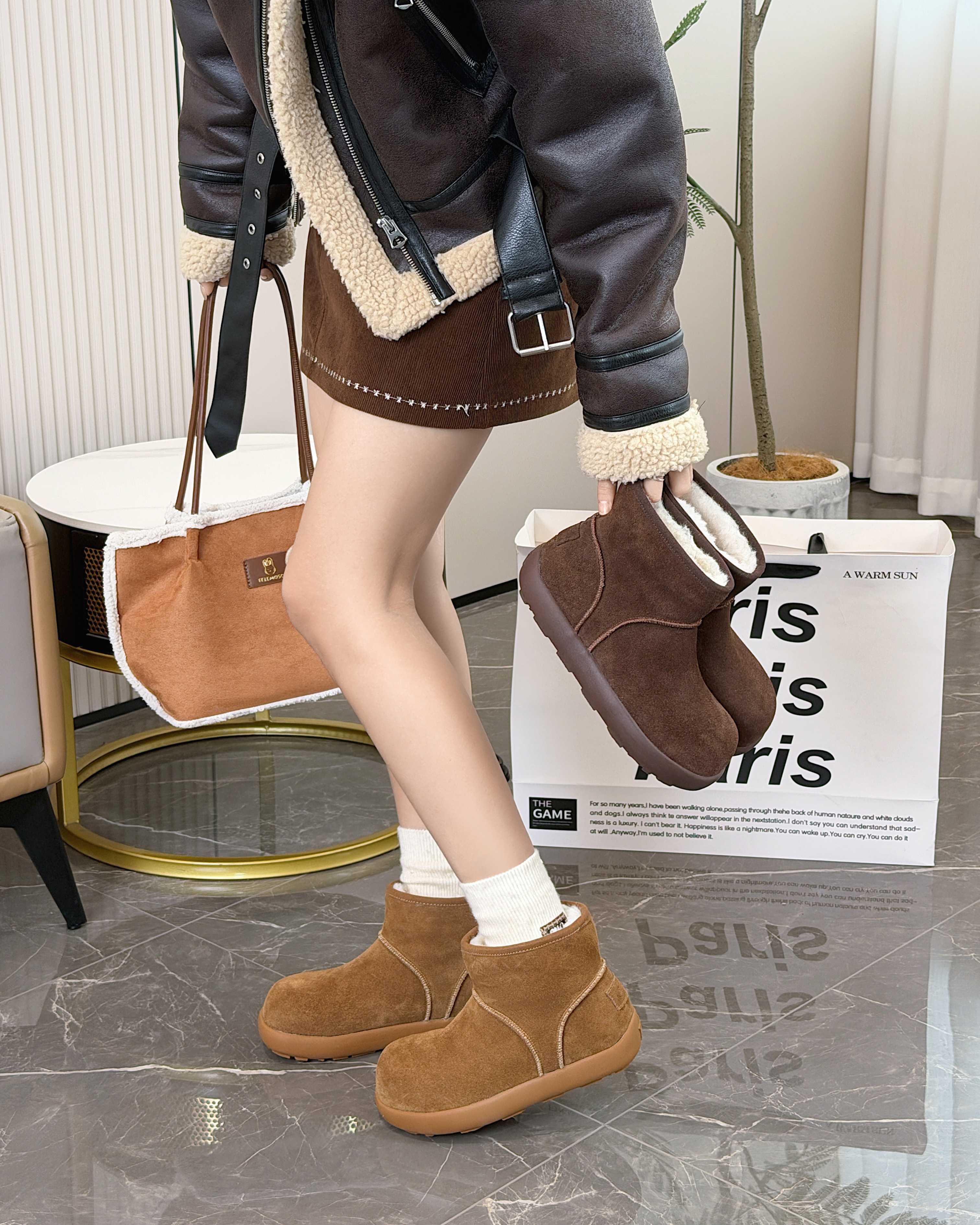 时尚厚底真皮加绒土豆雪地靴女2025冬款韩版百搭棉鞋短靴子勃肯鞋
