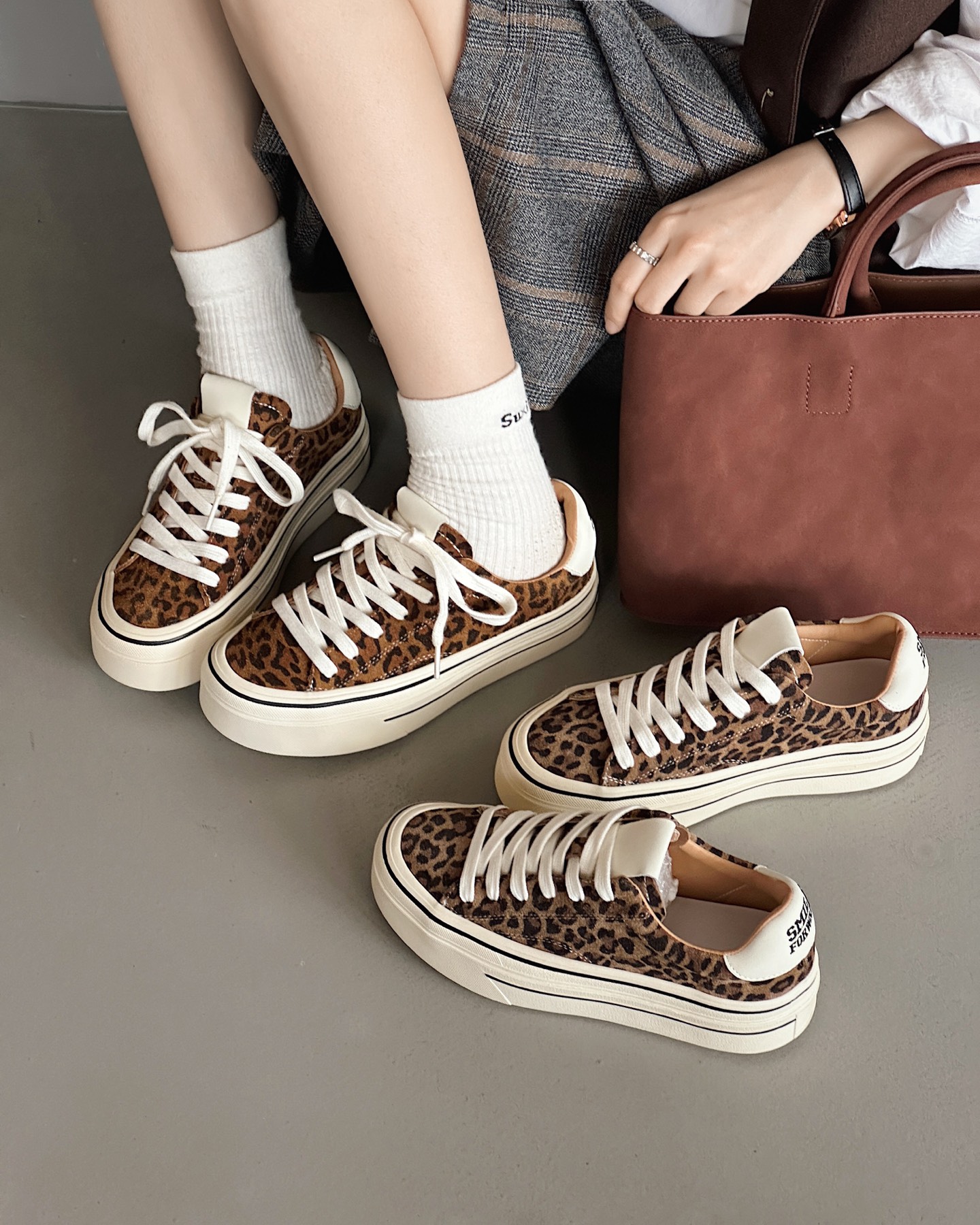 时尚豹纹厚底增高鞋女2025秋新款韩版百搭松糕系带休闲运动鞋板鞋