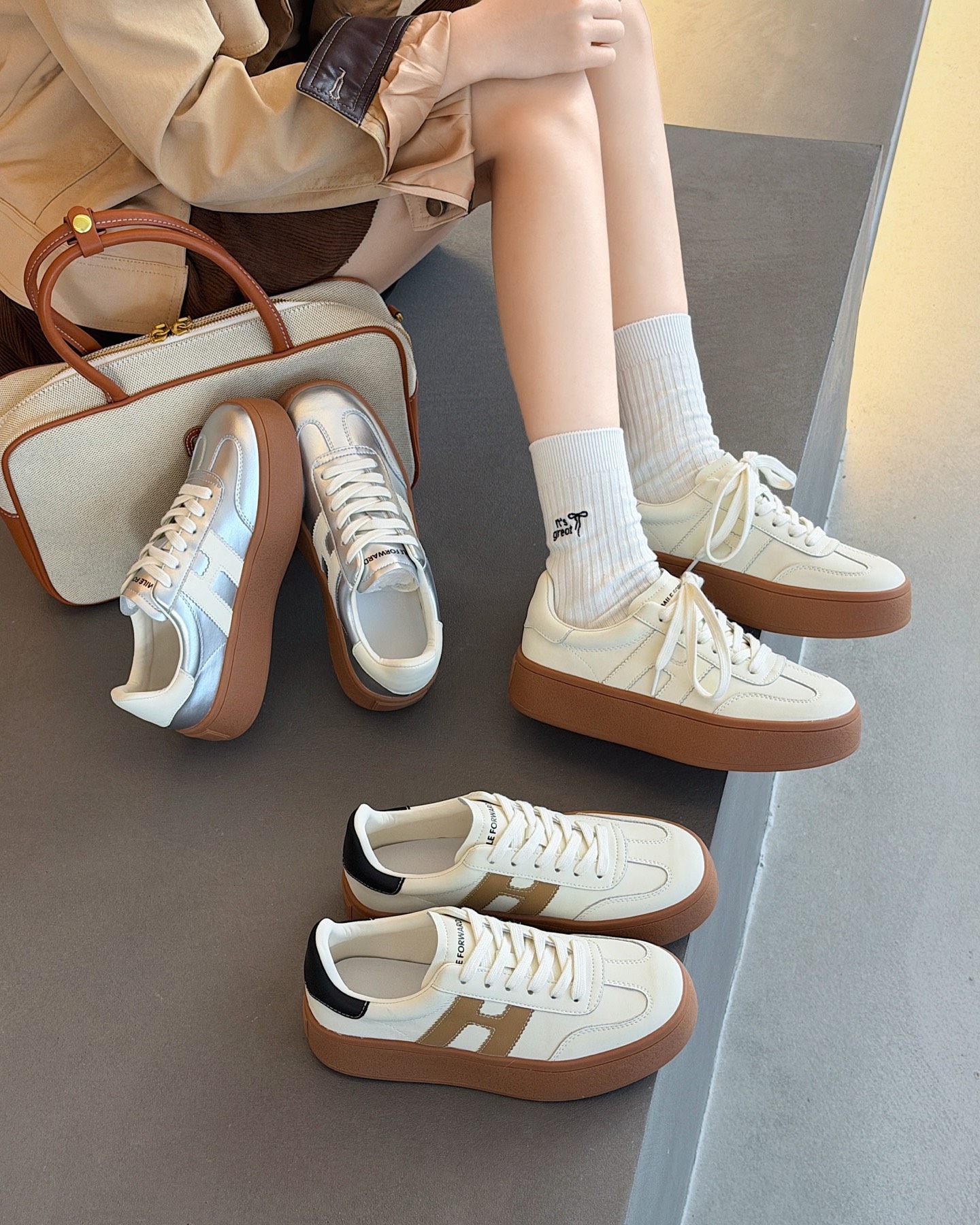 时尚厚底真皮小白鞋女2026春款韩版系带运动鞋休闲鞋板鞋德训鞋潮,女鞋,时尚休闲鞋,淘宝优惠券,粉丝福利购,淘宝优惠卷