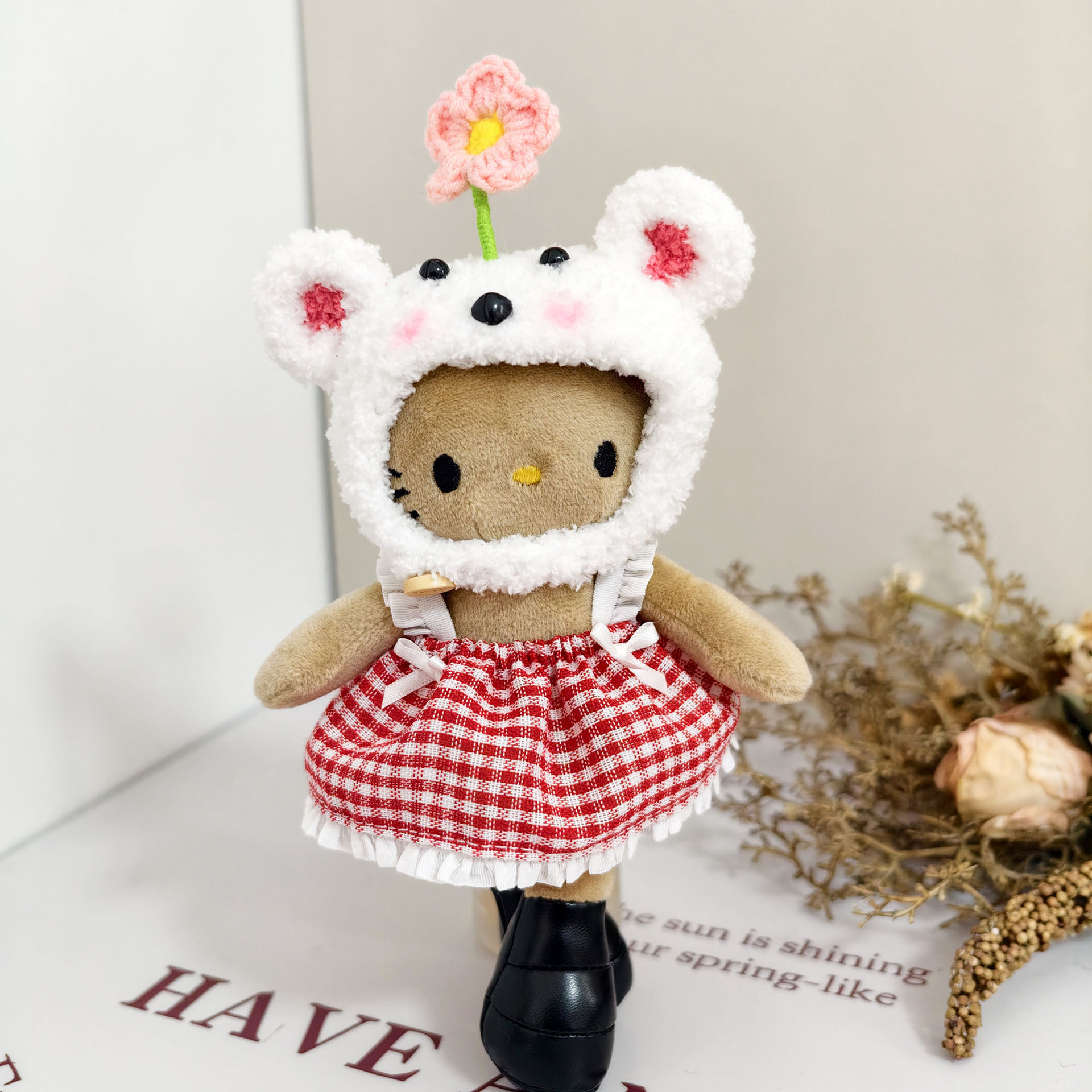 长腿凯蒂猫挂件头套背带裙套装