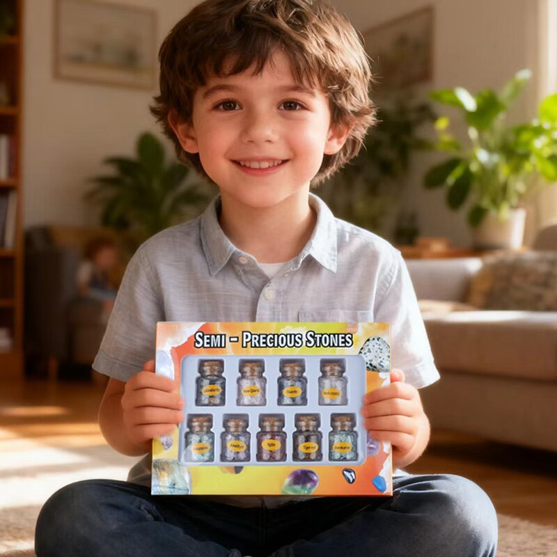 天然水晶碎石漂流瓶矿物标本套盒迷你儿童教学消磁石摆件礼物