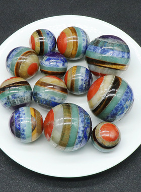 7chakela天然七彩水晶宝石手工拼接工艺小摆件 天然石圆球手把件