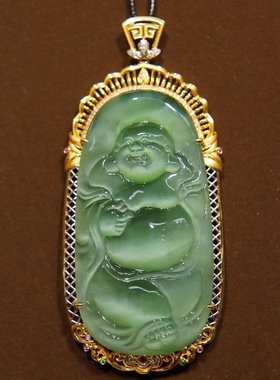 和田玉藏品级碧玉猫眼正装豪镶超大佛公吊坠