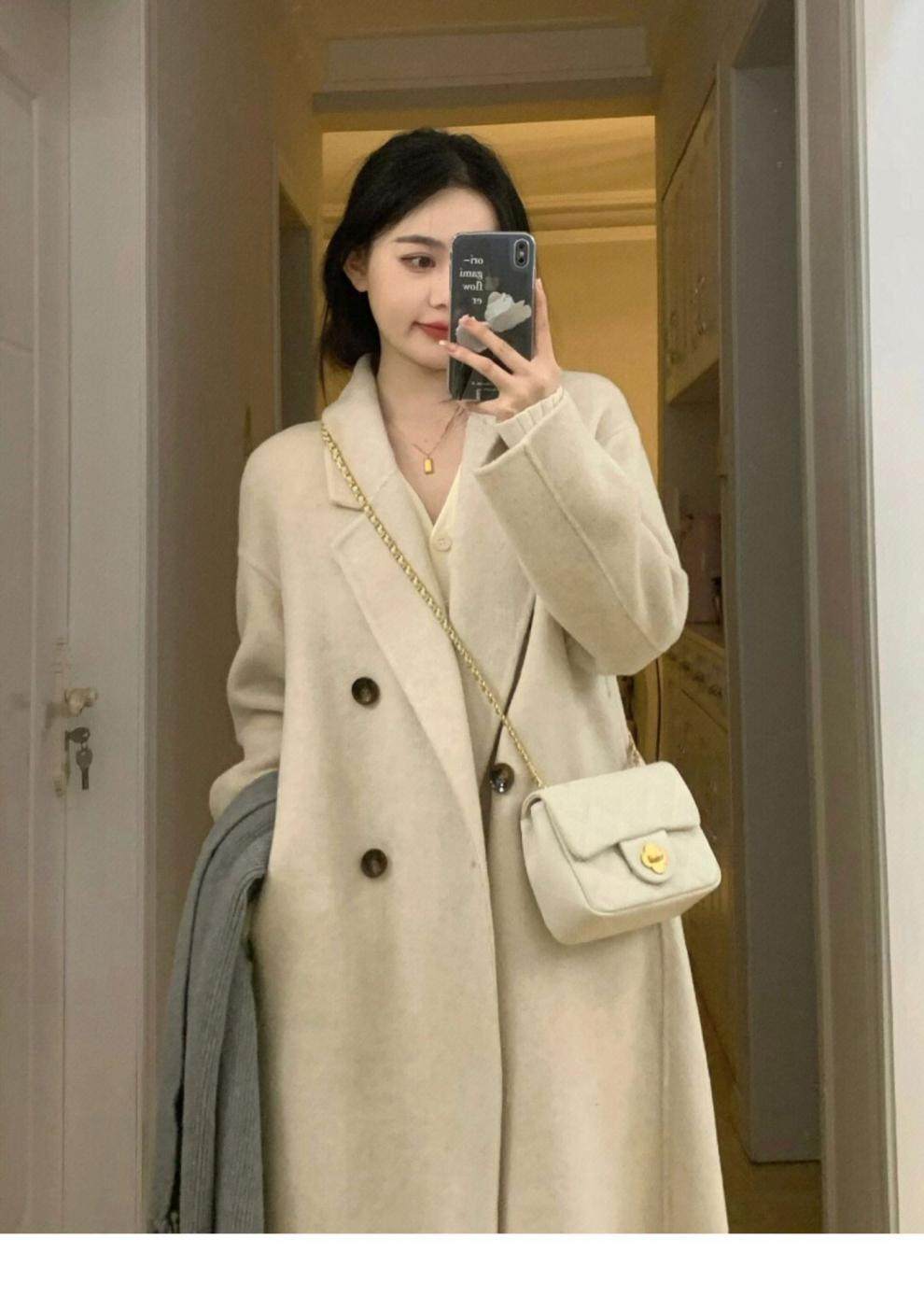 燕麦色呢子大衣外套女小个子双排扣中长款冬季高级感加厚毛呢外套