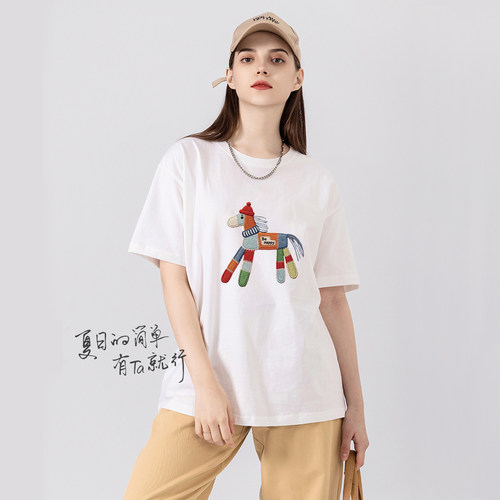 卡通小马100%棉重磅潮流短袖T恤女夏日宽松甜美显瘦百搭打底半袖