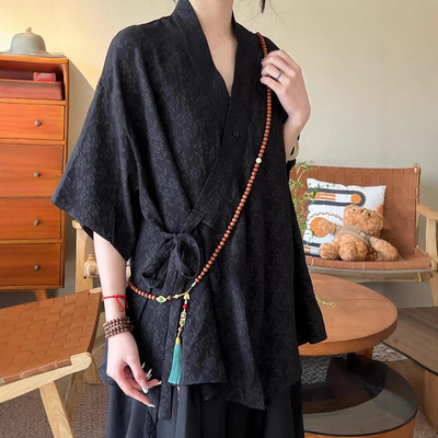 复古汉服上衣国风夏季道袍新中式交领道袍绑带短袖衬衫外套男女