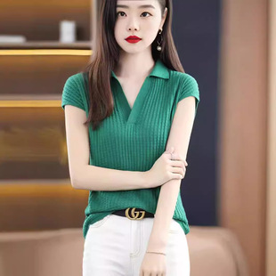 翻领冰丝体恤衫 t恤女新款 2024夏季 短袖 女 宽松短款 polo领针织衫