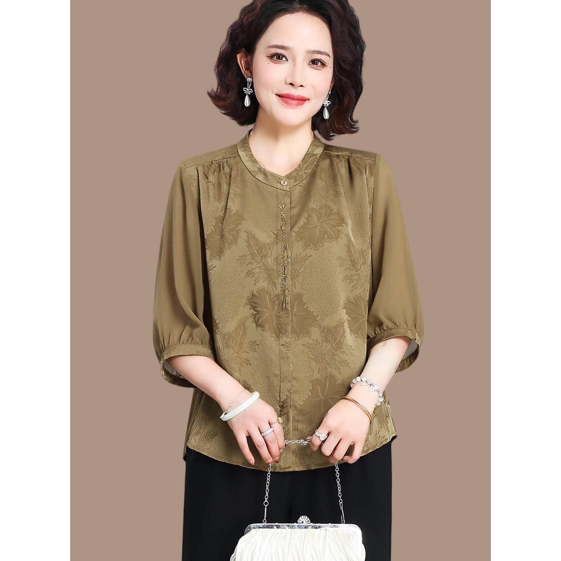 2026新款妈妈春装七分袖雪纺小衫中老年女装薄款百搭大码上衣50岁