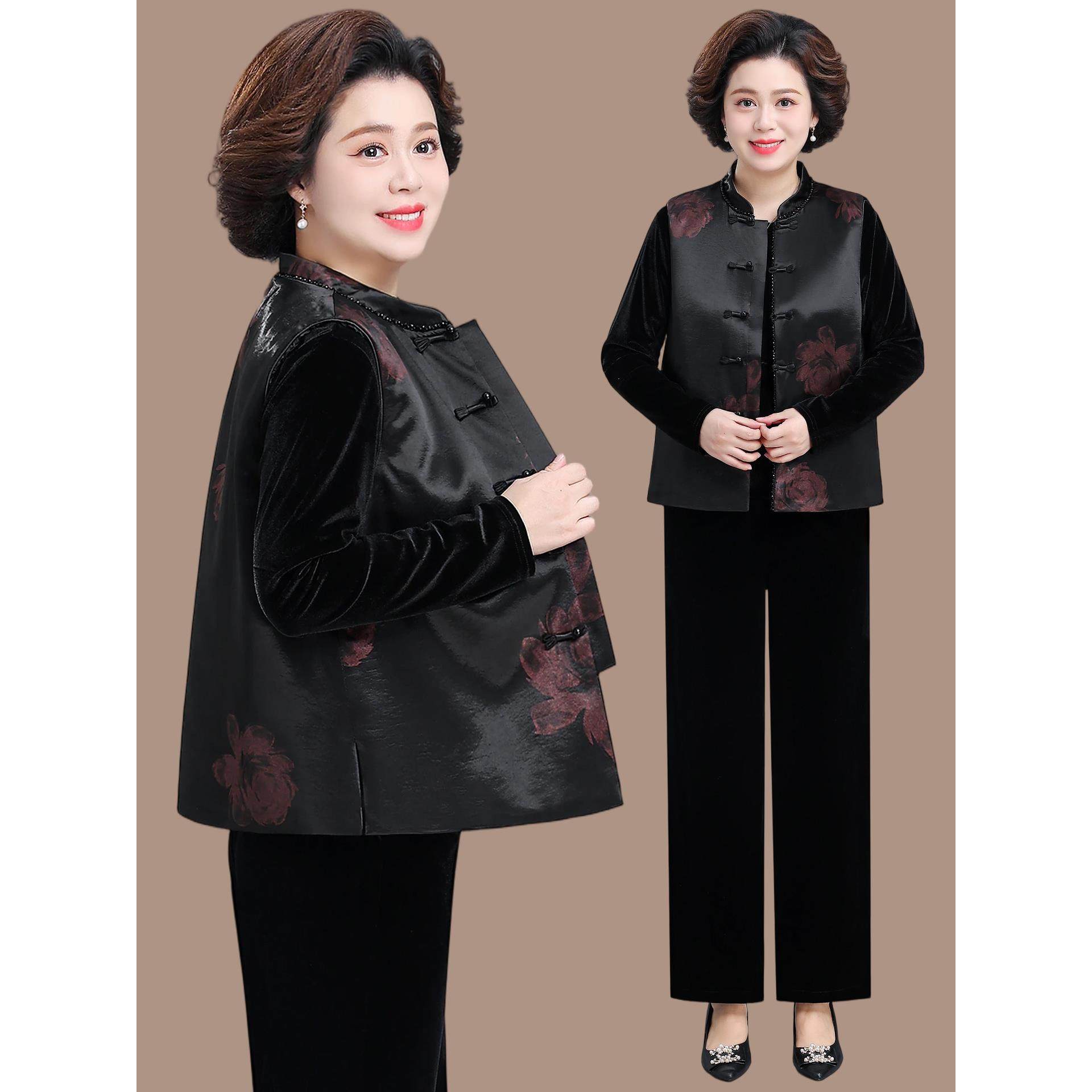 中年妈妈冬装套装夹棉轻薄保暖背心马甲中老年人女秋冬外穿三件套