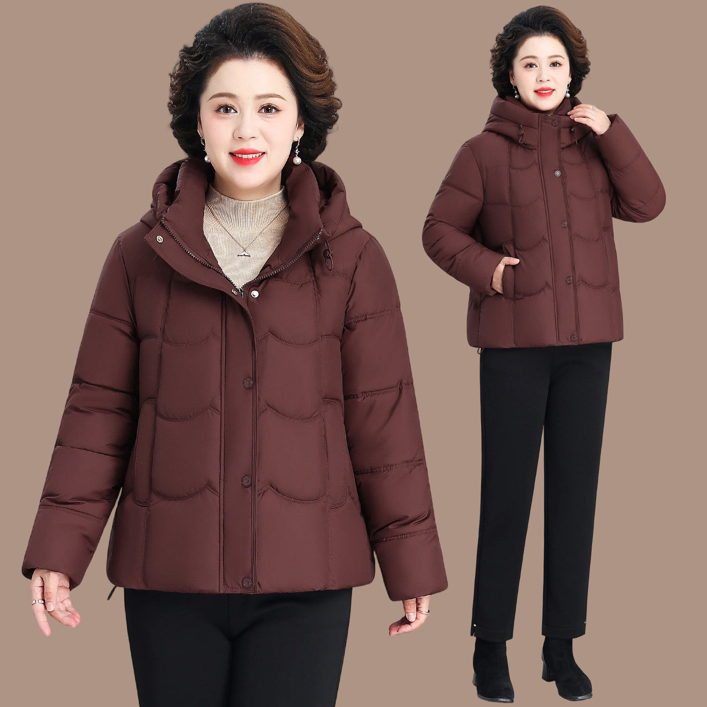 妈妈装冬季连帽棉服中老年女装保暖棉袄宽松大码减龄休闲棉衣外套