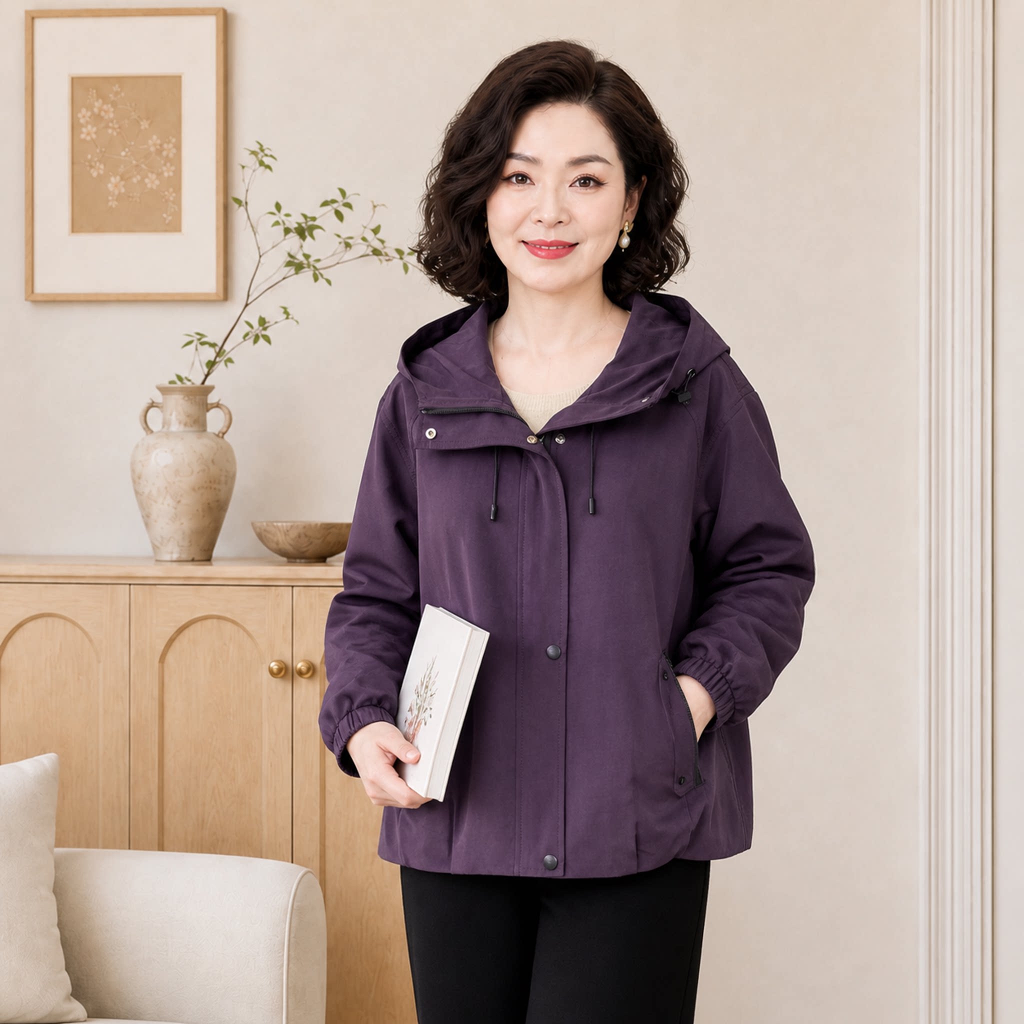 妈妈装春秋外套2026新款中老年女士洋气减龄宽松大码连帽夹克上衣