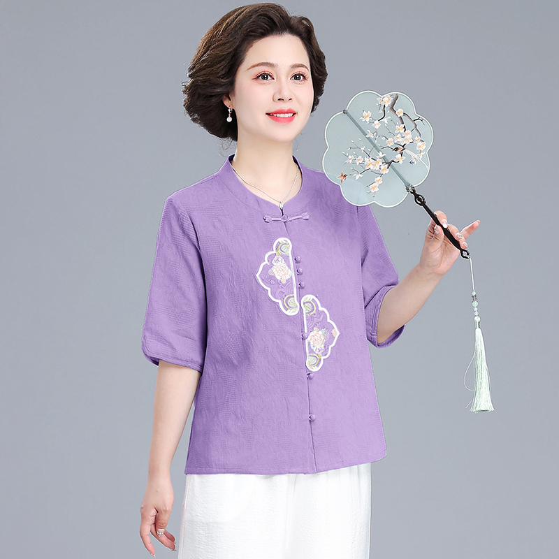 妈妈款短袖纯棉衬衫中年妇女夏装套装中式小衫t恤老年人衣服大码