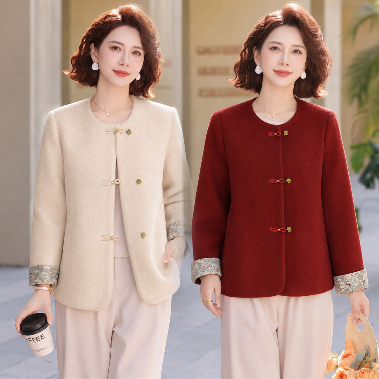 中年妈妈秋装红色毛呢外套2026新款洋气中老年女装新中式显瘦上衣