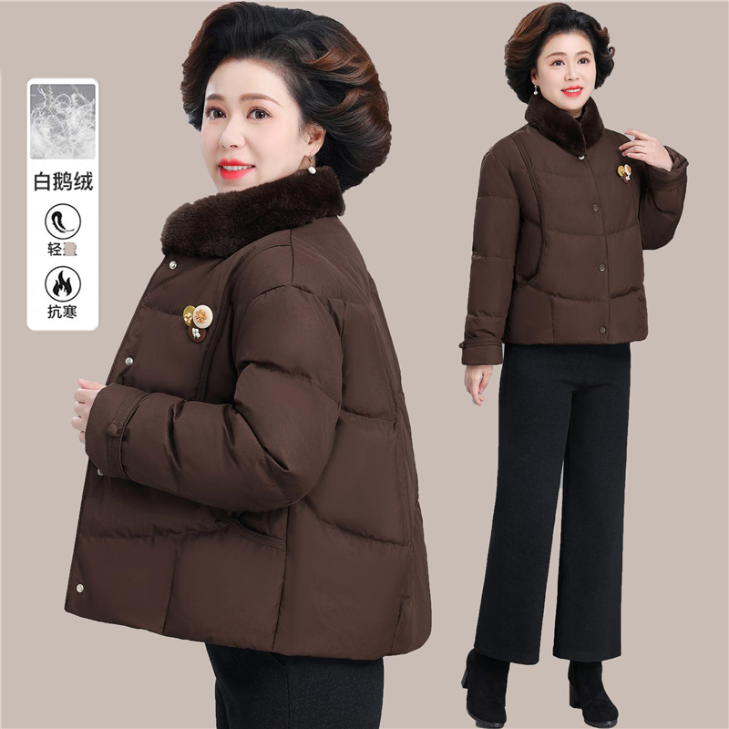 中年妈妈冬装外套2025新款中老年保暖毛领鹅绒羽绒服女款短款洋气