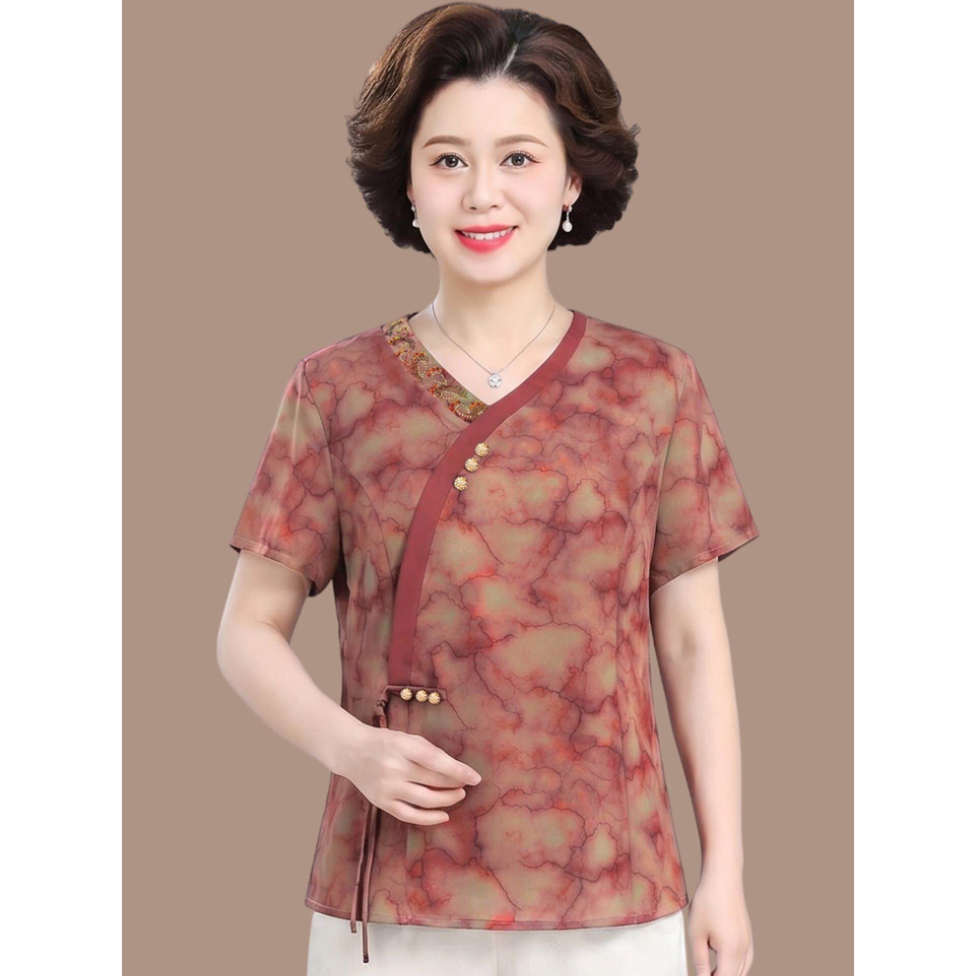 妈妈装夏装新中式透气短袖套头衬衫中老年女装夏季气质小衫二件套