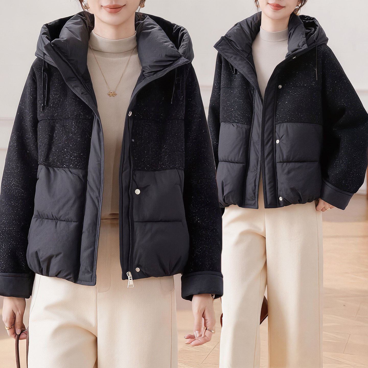 美拉德短款连帽羽绒棉服毛呢拼接外套冬季2026新款超火流行外套女