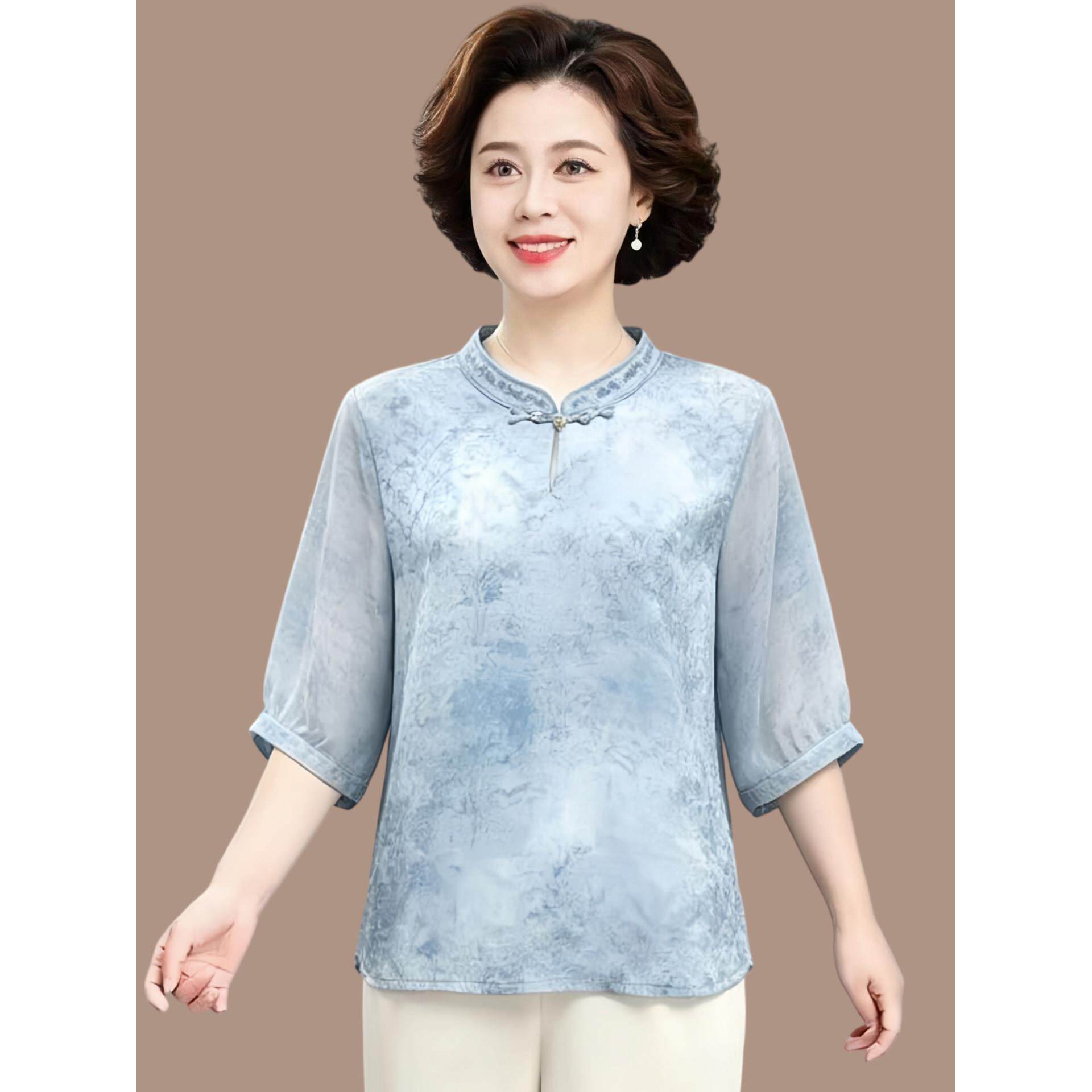 洋气妈妈夏装中袖雪纺T恤套装2026新款高贵小衫中老年女百搭上衣