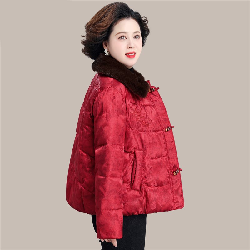 妈妈冬装新中式毛领短款棉服中老年女装加厚保暖红色棉衣气质外套
