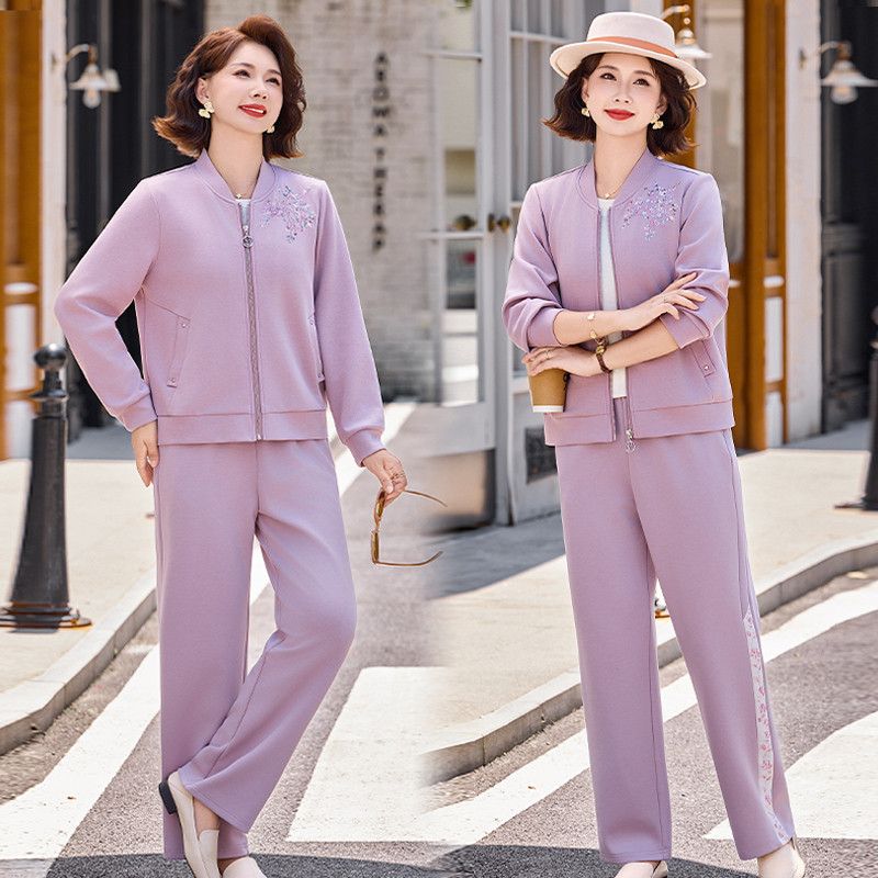 洋气妈妈刺绣棒球服套装女2026春秋装新款中年减龄外套休闲两件套