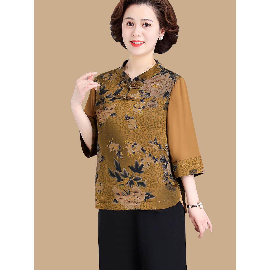 中老年妈妈夏季七分袖雪纺衫运动服女老人奶奶减龄上衣服两件套装