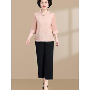 上衣新款 春秋款 七分袖 中老年套装 女老人衣服 雪纺小衫 中年妈妈夏装