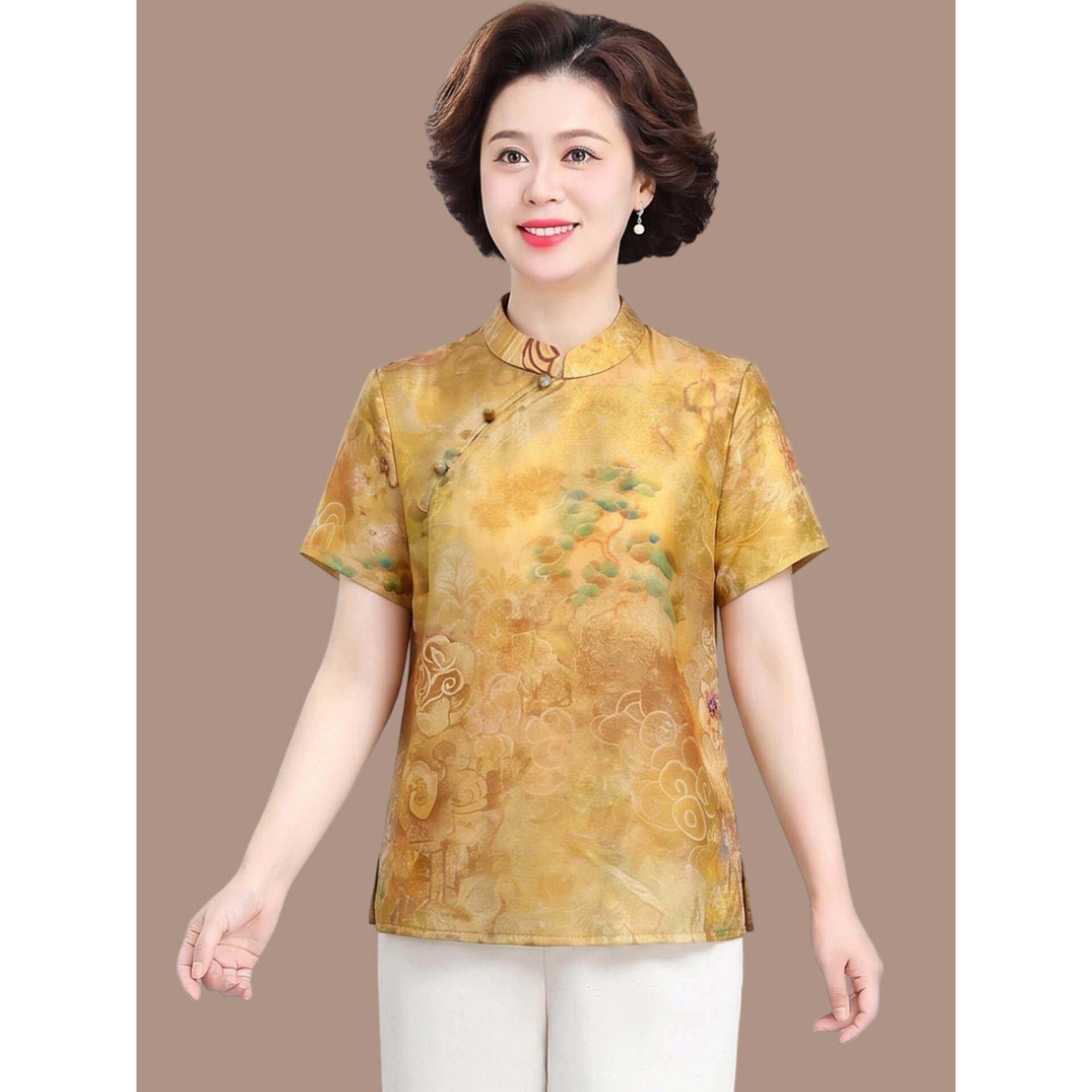 母亲节妈妈装新中式夏装短袖盘扣国风真丝小衫中老年女上衣二件套