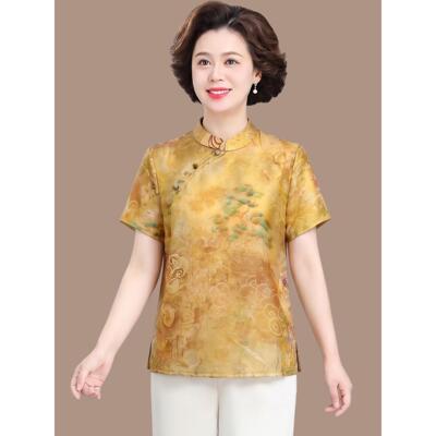 母亲节妈妈装新中式夏装短袖盘扣国风真丝小衫中老年女上衣二件套