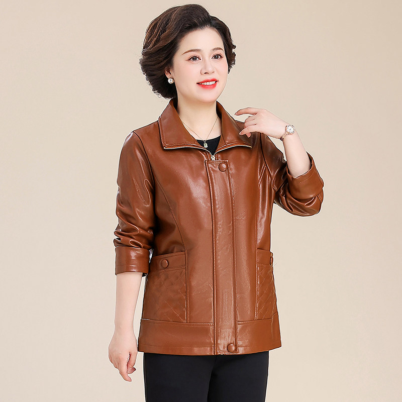 妈妈春装外套洋气新款中老年人女皮衣休闲宽松中年妇女春秋皮夹克