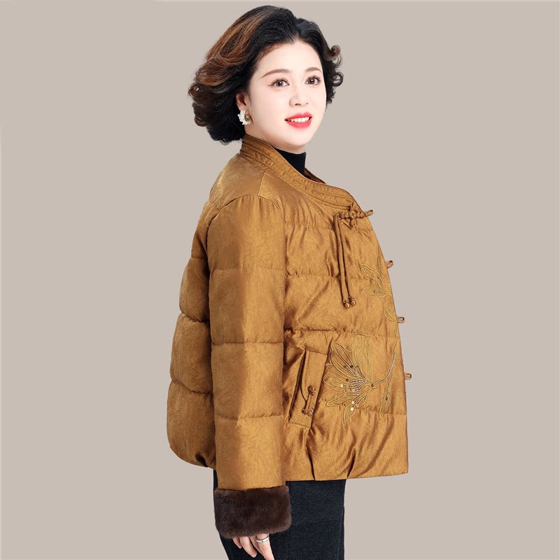 新中式国风提花毛领羽绒棉服中老年妈妈冬季新款绣花棉服加厚外套