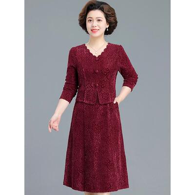 妈妈秋装连衣裙2025新款中老年女春秋假两件裙子高贵洋气婚宴礼服