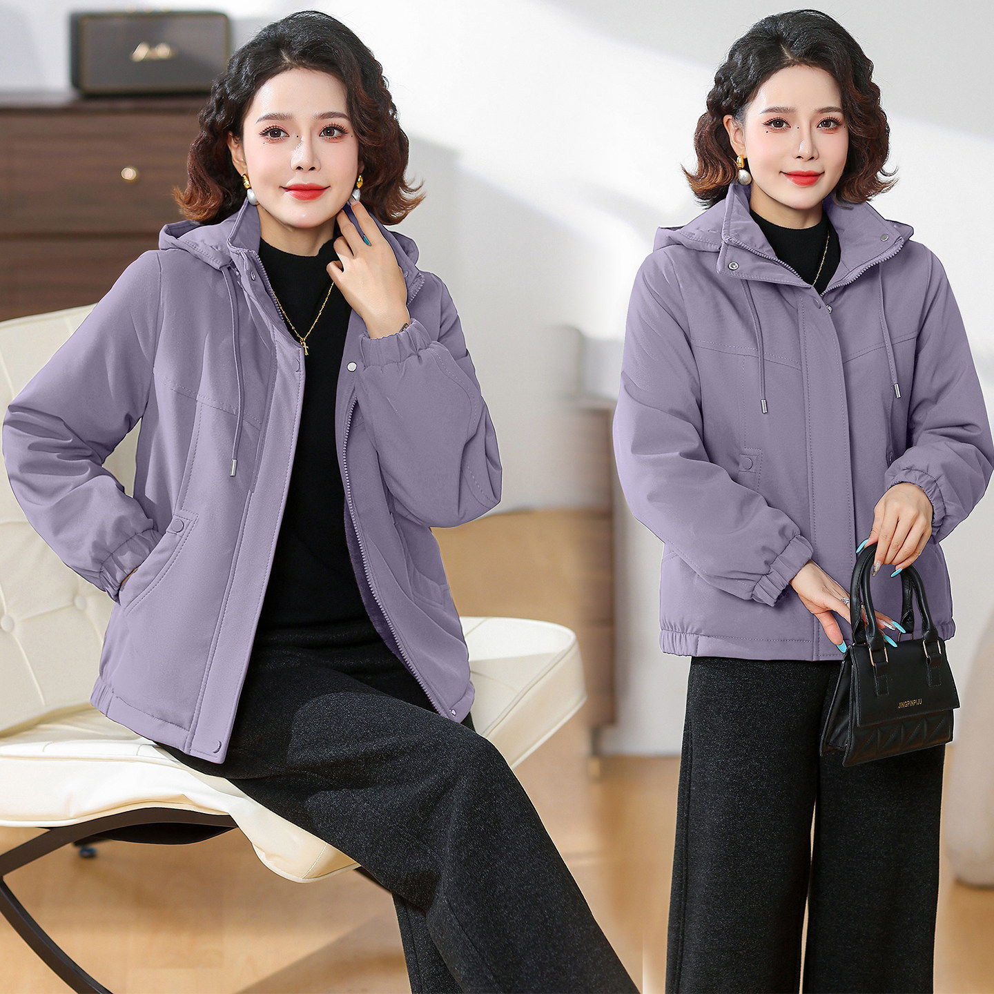 中年妈妈冬装外套加绒加厚阔太太秋冬连帽派克服中老年女冬季棉衣