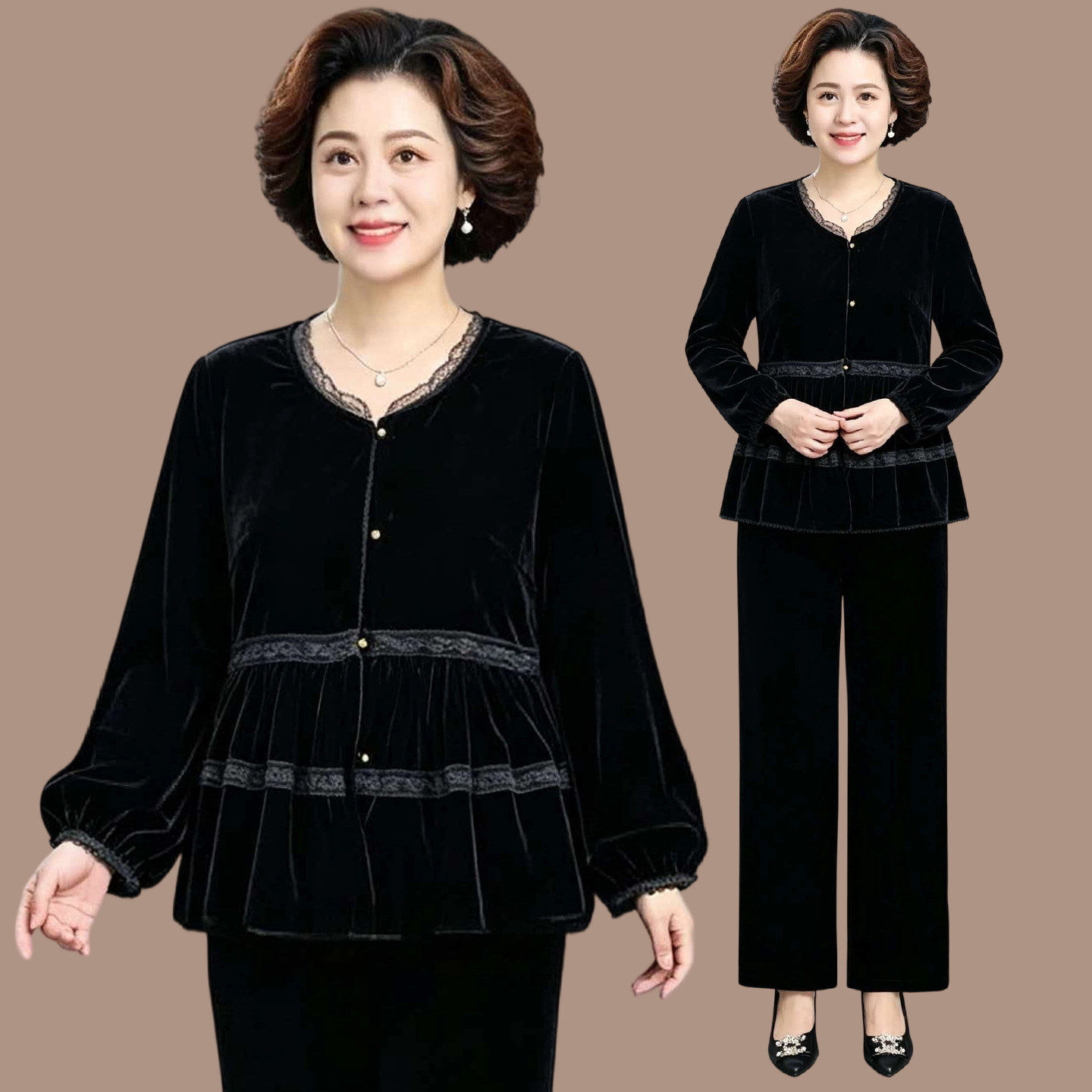 黑色蕾丝拼接V领长袖丝绒上衣女秋宽松遮肉单排扣开衫外搭短外套