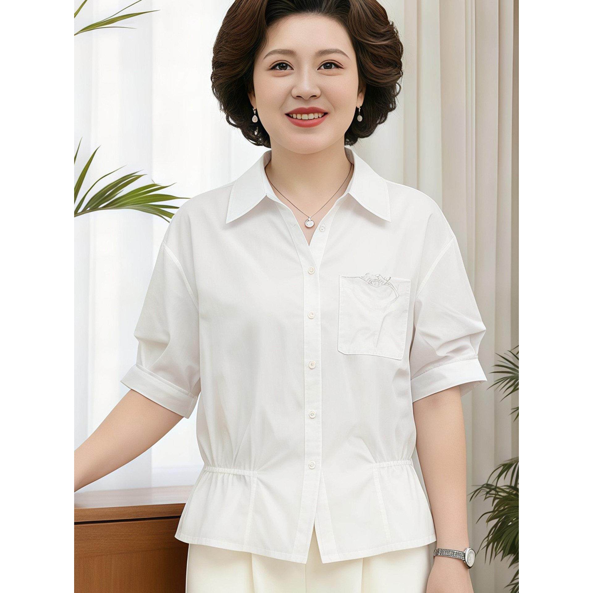 通勤风白色五分袖妈妈装衬衫女商场同款翻领刺绣修身减龄百搭上衣