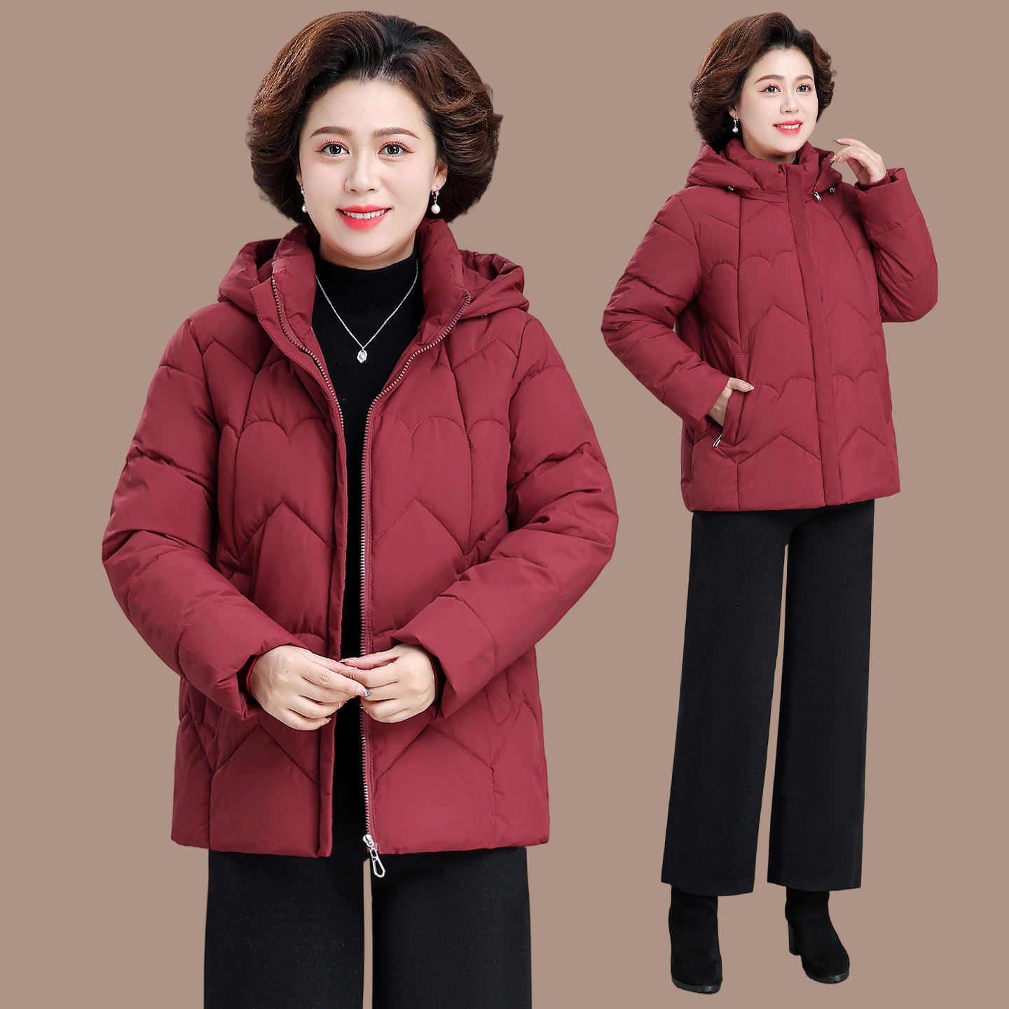 2026中老年妈妈冬装红色连帽棉服女中老年加厚保暖中长款棉袄外套