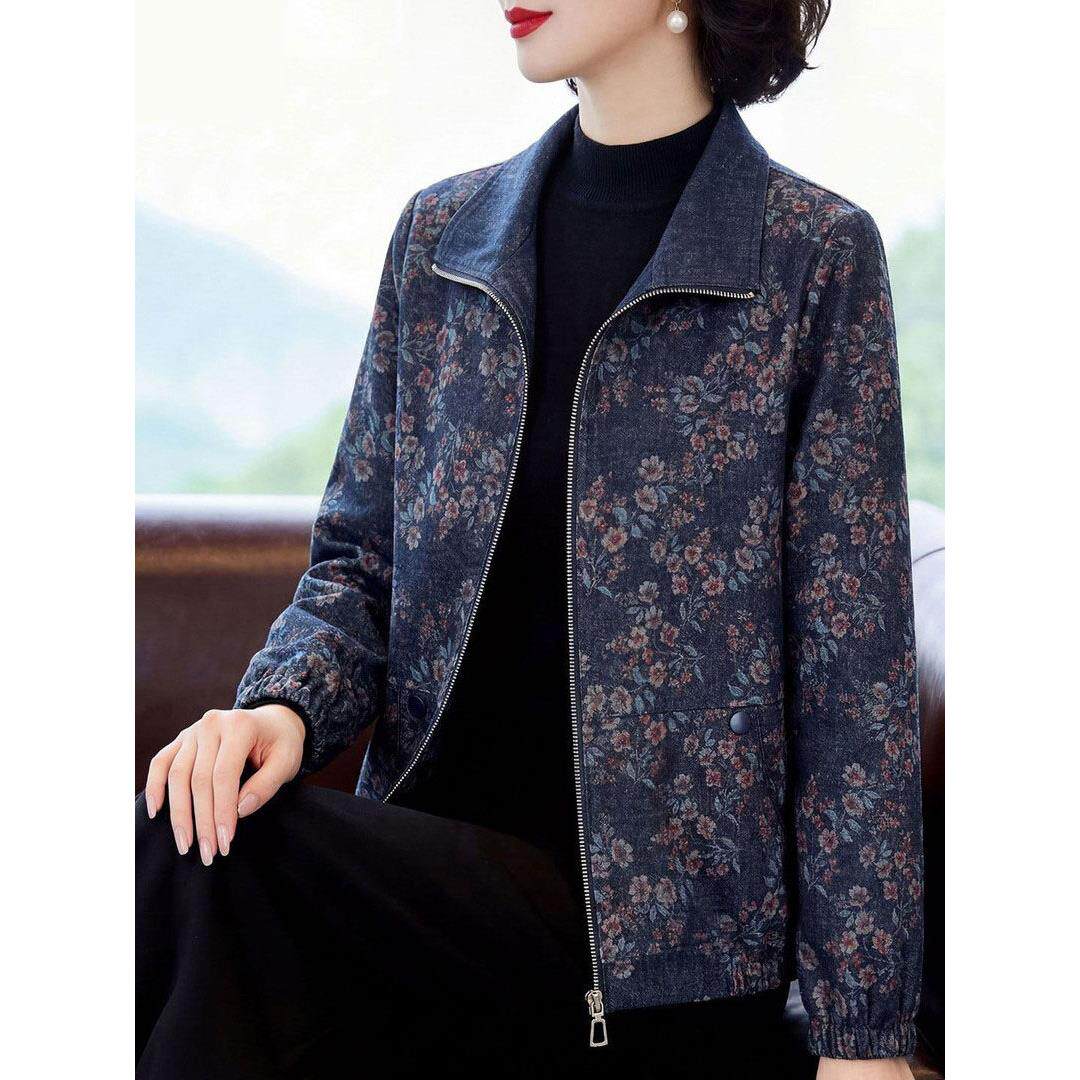 2026妈妈春装外套中老年人女早春印花休闲夹克老太太奶奶宽松上衣