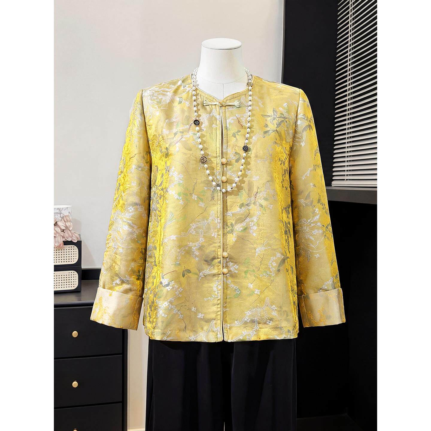 小个子妈妈春装时尚圆领花色外套气质中老年女装春秋唐装开衫上衣