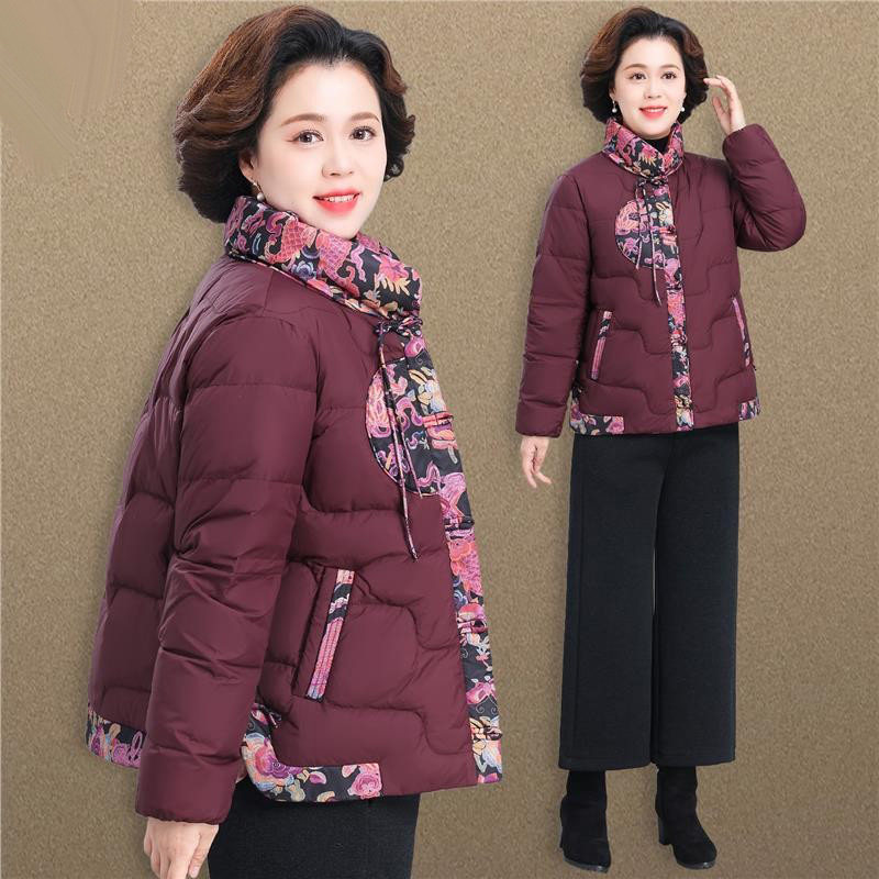 花棉袄女款中年妈妈冬装外套高贵气质老年人秋冬季羽绒服短款大码