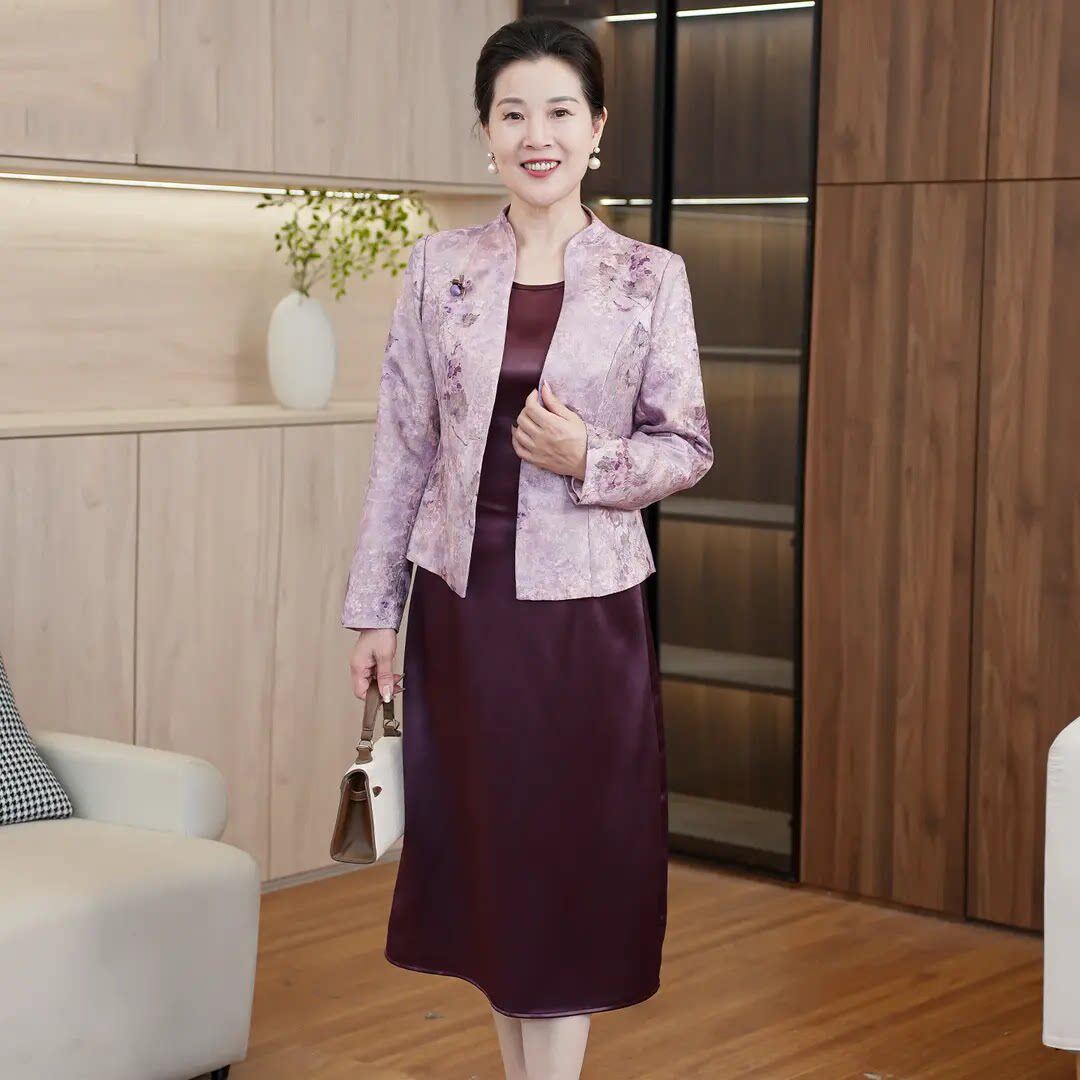 新中式风刺绣印花连衣裙套装女中老年妈妈装两件套喜婆婆婚宴礼服